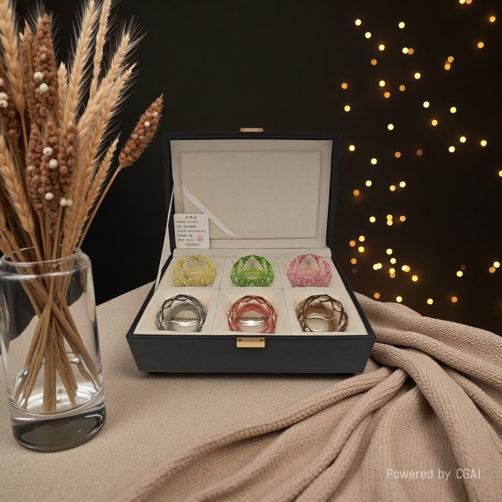 六色水晶茶具工艺品马卡龙系列菱格纹茶杯6只皮箱礼盒装