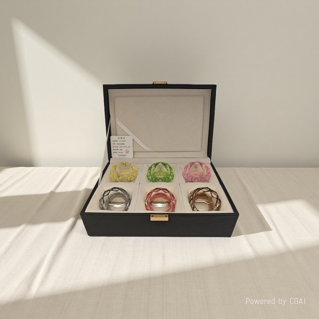 六色水晶茶具工艺品马卡龙系列菱格纹茶杯6只皮箱礼盒装详情2