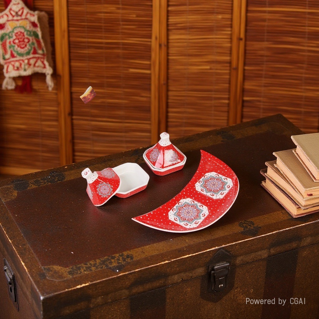 Red patterned ceramic tableware set, Middle Eastern Ramadan style underglaze technique, multi-piece combination, suitable for family dining rooms, fruit plates, candy jars Specification drawing