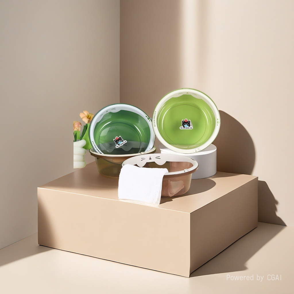 透明撞色塑料洗脸盆 卡通猫咪家用加厚洗漱盆  家用透明塑料盆卡通猫咪款 加厚耐用洗脸洗衣盆批发