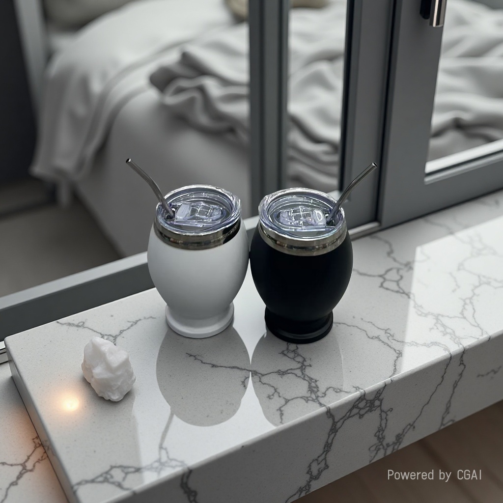 现代简约双色保温杯定制版钛杯冰霸杯儿童斜跨吸管款白色黑色放大理石台面