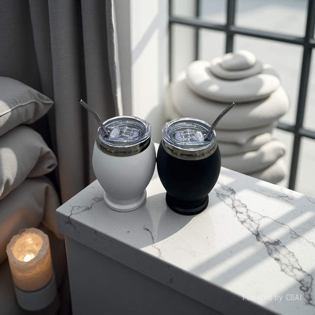 Modern and simple two-color customized insulated cup, titanium cup, ice cup, children's slanted straw style, white and black, with marble countertop Specification image