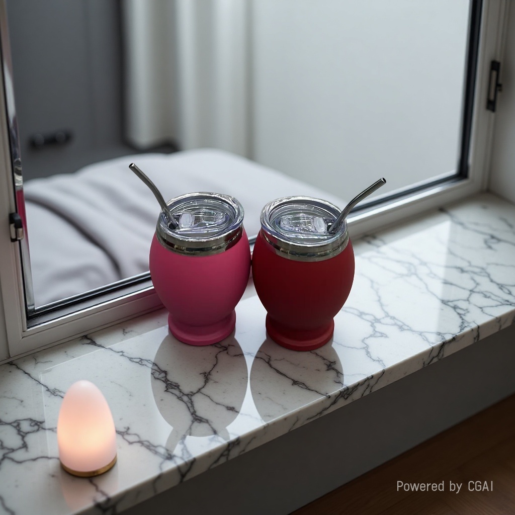 Modern and simple two-color customized insulated cup, titanium cup, ice cup, children's slanted straw style, white and black, with marble countertop details Picture