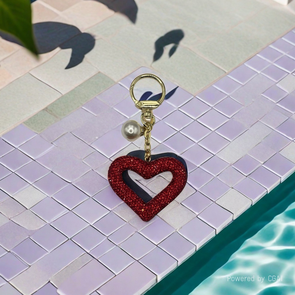 星星人红色闪粉心形钥匙扣扁平陶泥镶钻画油款钥匙圈时尚创意礼品