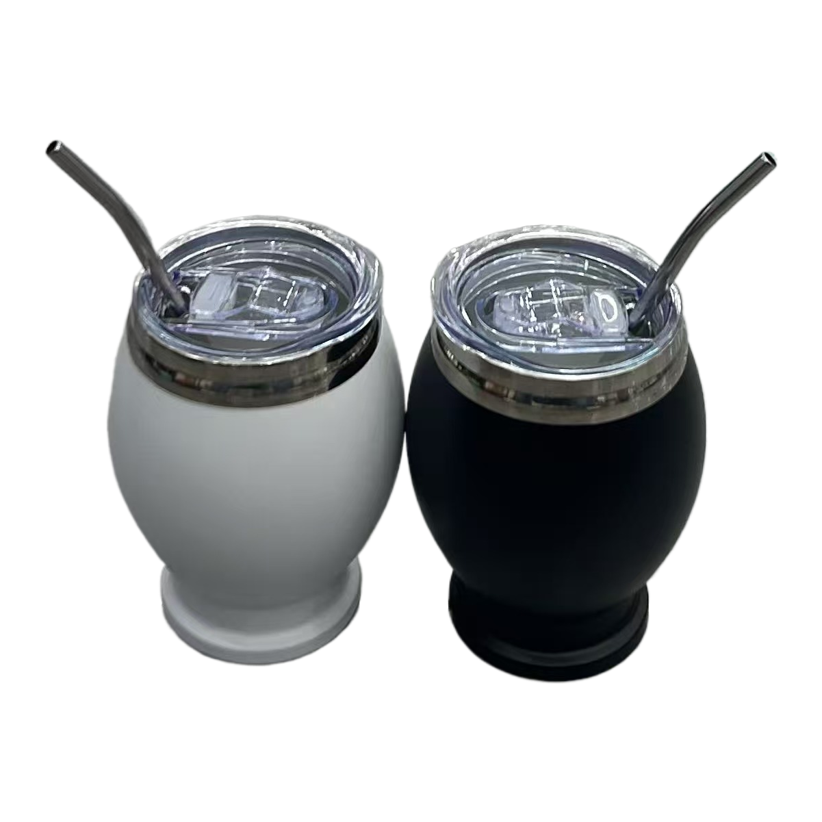 Modern and simple two-color customized insulated cup, titanium cup, ice cup, children's slanted straw style, white and black, with marble countertop Item Picture