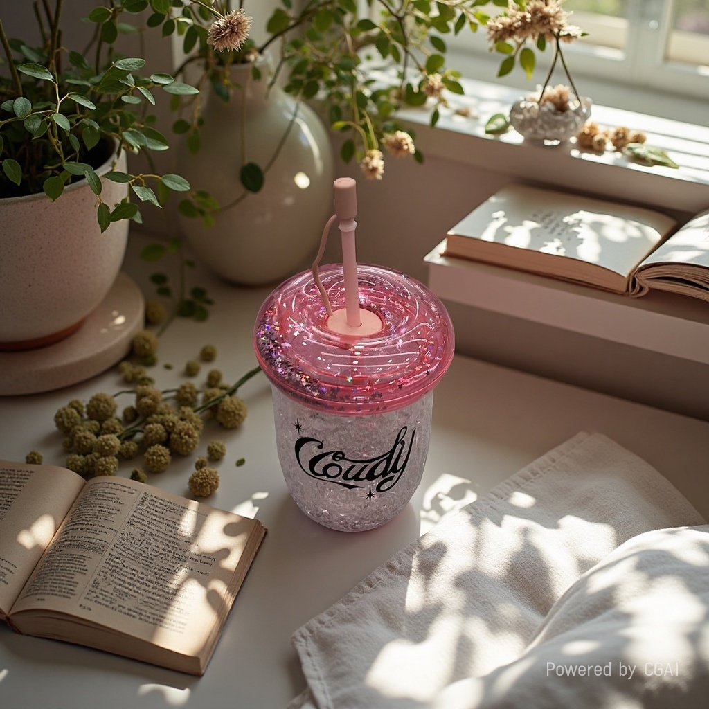 Pink glitter straw cup, bamboo joint design, high appearance level girls' water cup, new creative summer ice cup, high appearance level girls' water cup
