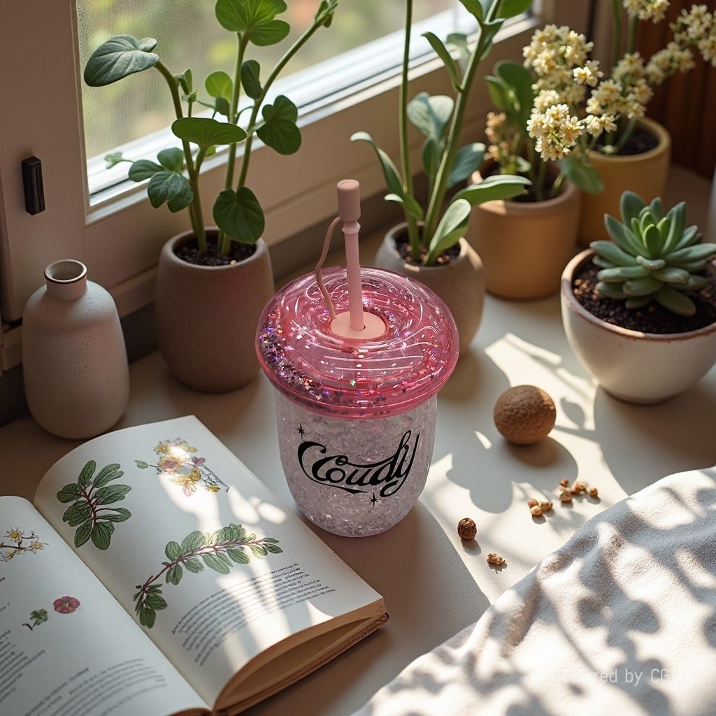 Pink glitter straw cup, bamboo joint design, high appearance level girls' water cup, new creative summer ice cup, high appearance level girls' water cup details Picture