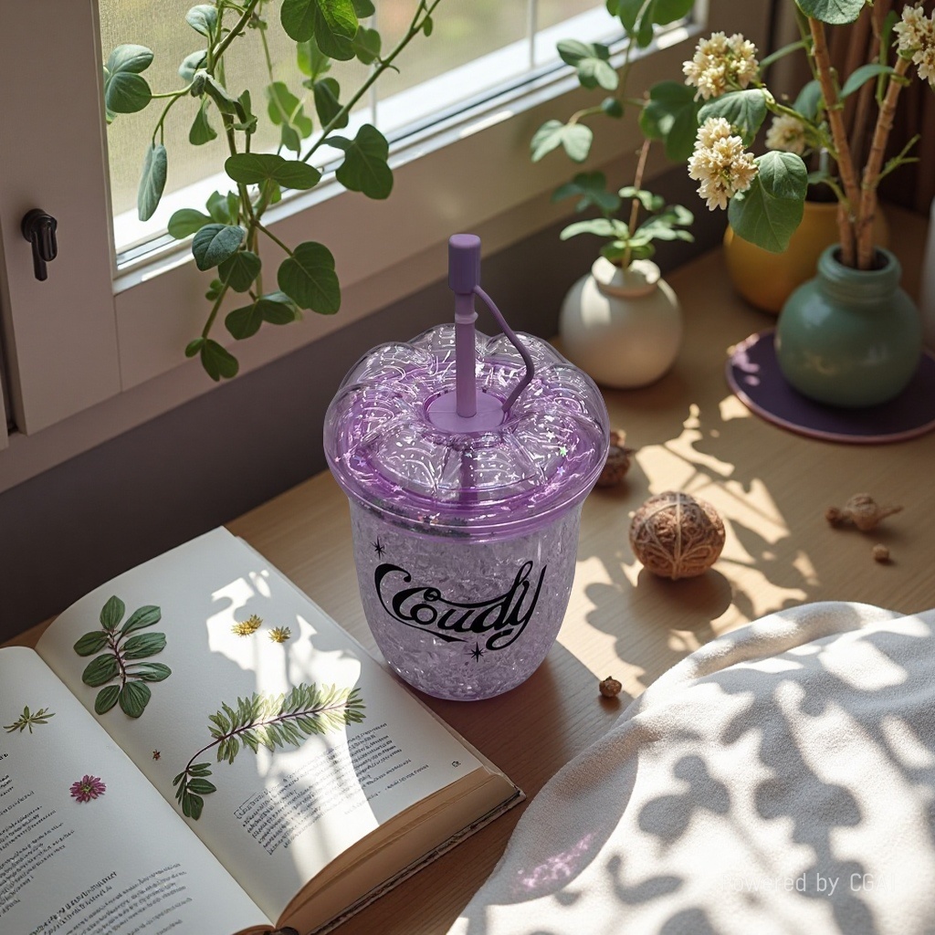 Double-layer petal lid transparent straw cup, popular coffee cup, high appearance level beverage cup, milk tea cup
