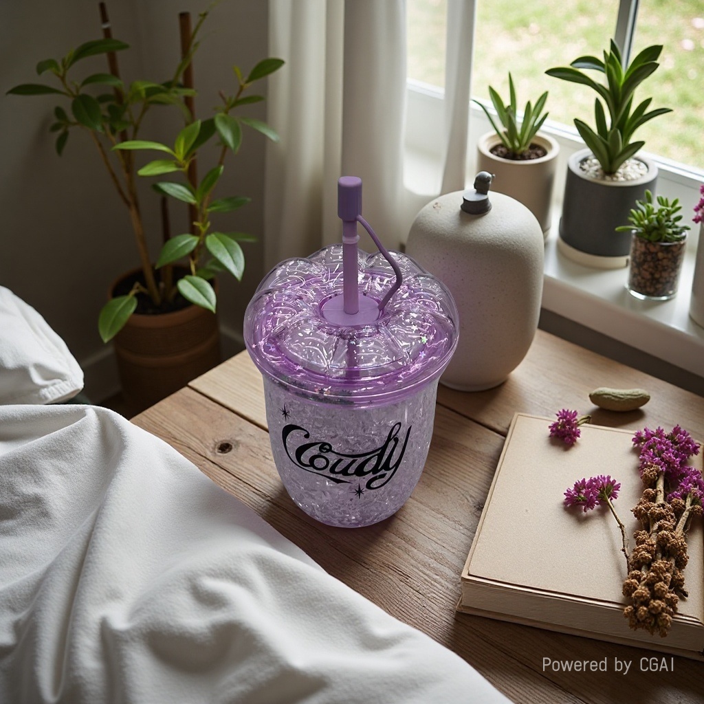Double-layer petal lid transparent straw cup, popular coffee cup, high appearance level beverage cup, milk tea cup details Picture