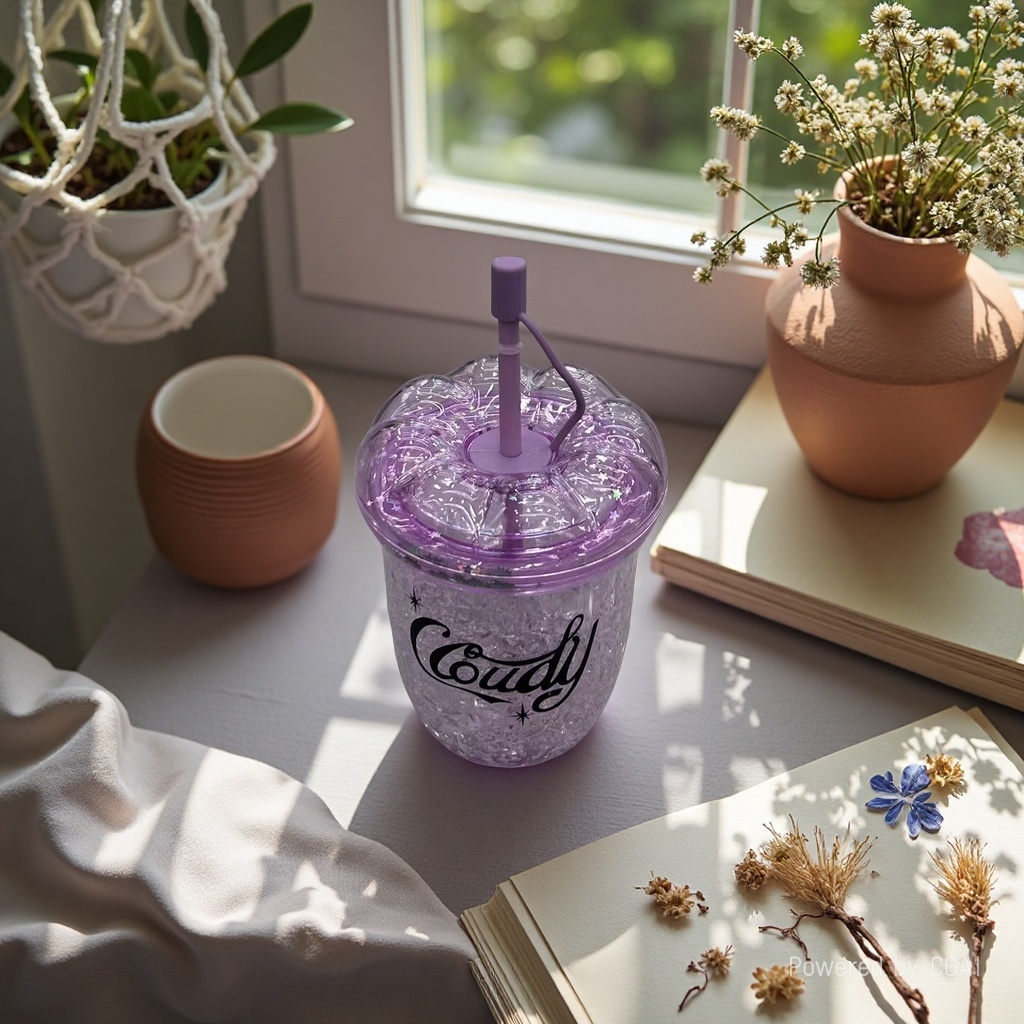 Double-layer petal lid transparent straw cup, popular coffee cup, high appearance level beverage cup, milk tea cup Application Scenario