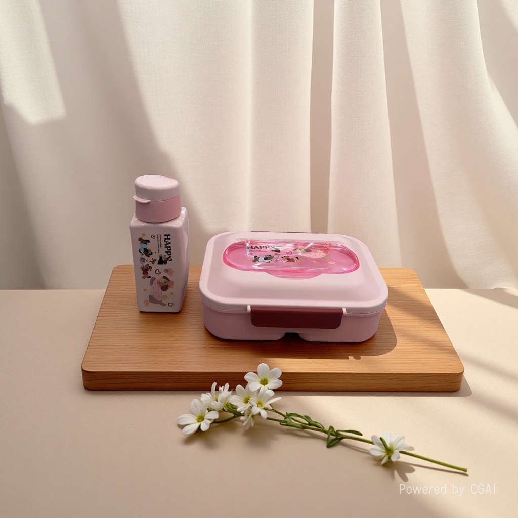 粉色饭盒便当塑料餐盒便携餐具盒粉色瓶子有萌趣的狗狗图案好看又实用餐盒批发