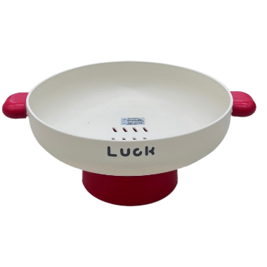 Red and white LUCK double-ear dried fruit plate for home living room, high appearance level fruit plate with base, snack storage plate Item Picture