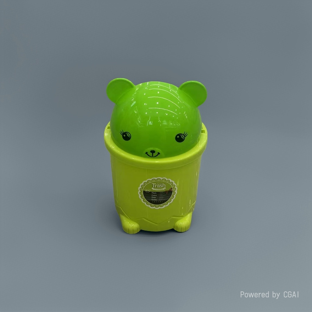 Green bear smiling plastic covered trash can, desktop kitchen, household kitchen trash can, smiling trash can details Picture