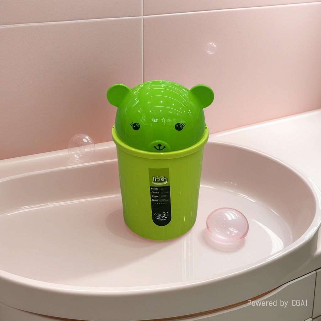 Green bear smiling plastic lid trash can, kitchen household garbage basket, bathroom trash can, smiling trash can Specification image