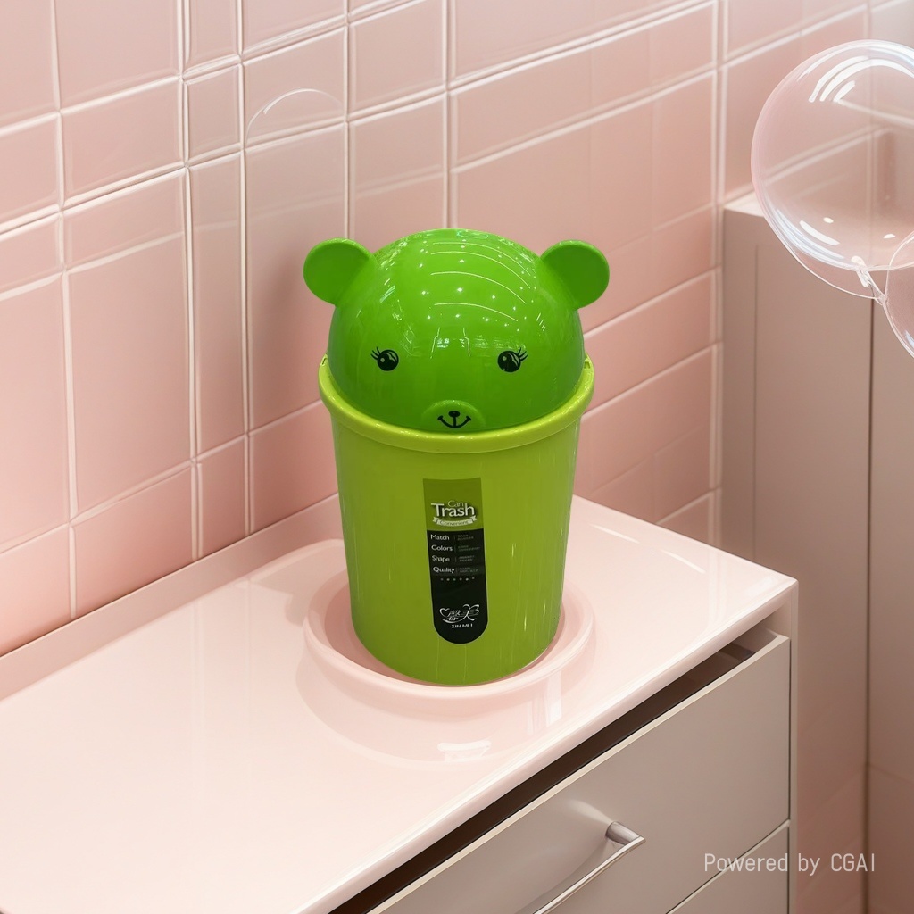 Green bear smiling plastic lid trash can, kitchen household garbage basket, bathroom trash can, smiling trash can Item Picture
