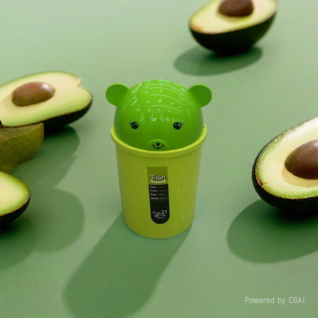 Green bear smiling plastic lid trash can, kitchen household garbage basket, bathroom trash can, smiling trash can details Picture