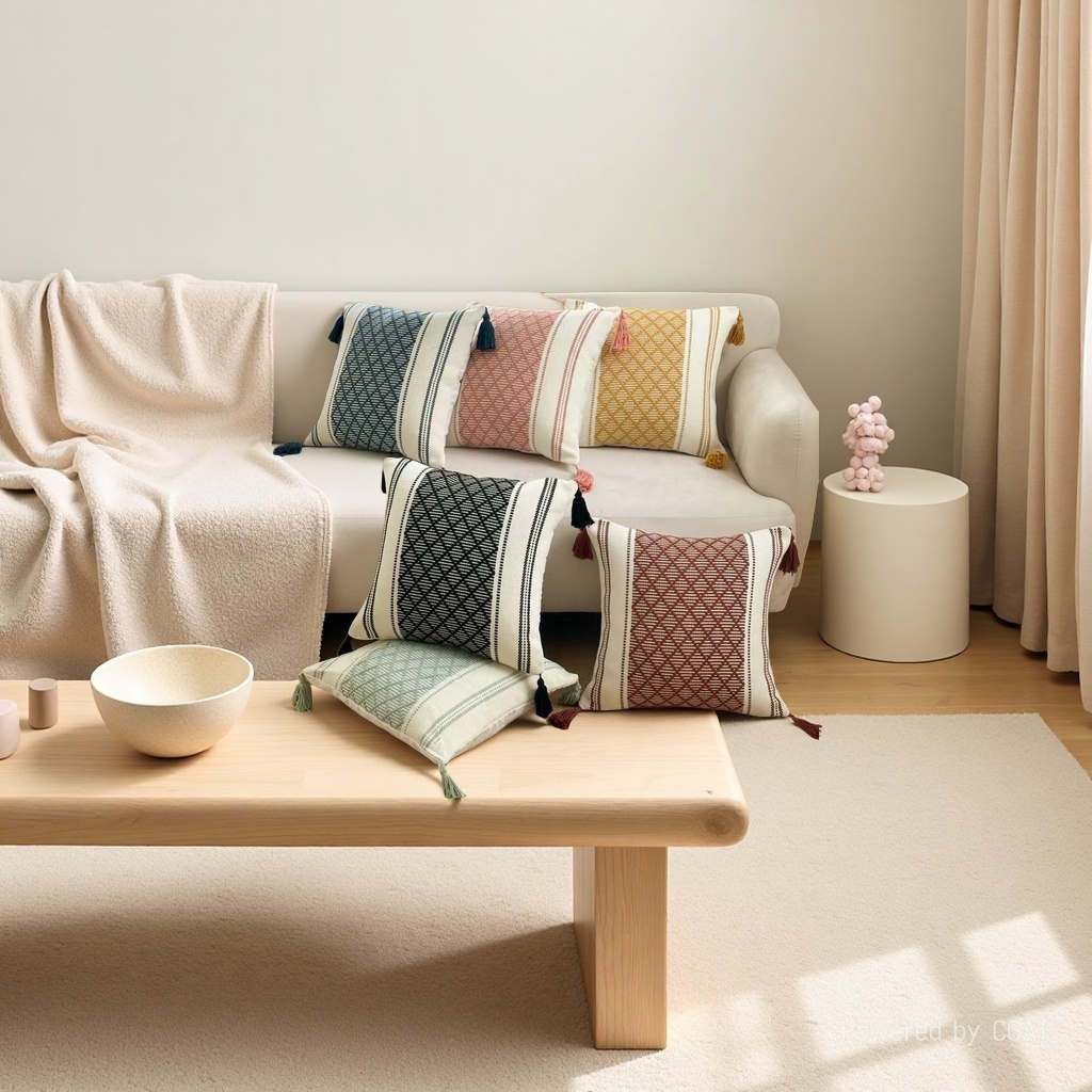 跨境亚马逊波西米亚流苏棉线编织抱枕套客厅沙发样板 房靠枕芯