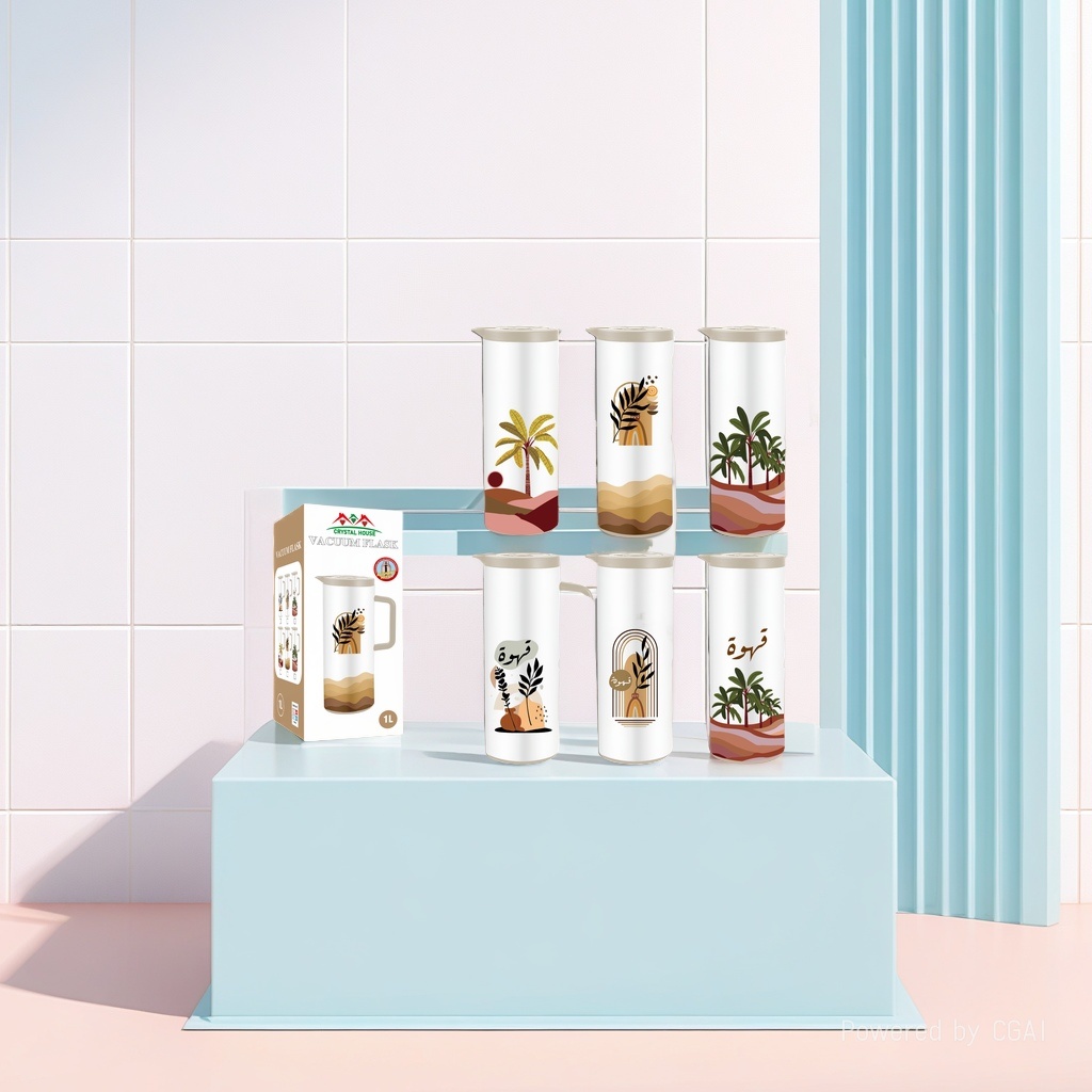 Wholesale of 1L ABS plastic shell and pink glass inner liner vacuum insulated kettle with coconut tree printing Specification image