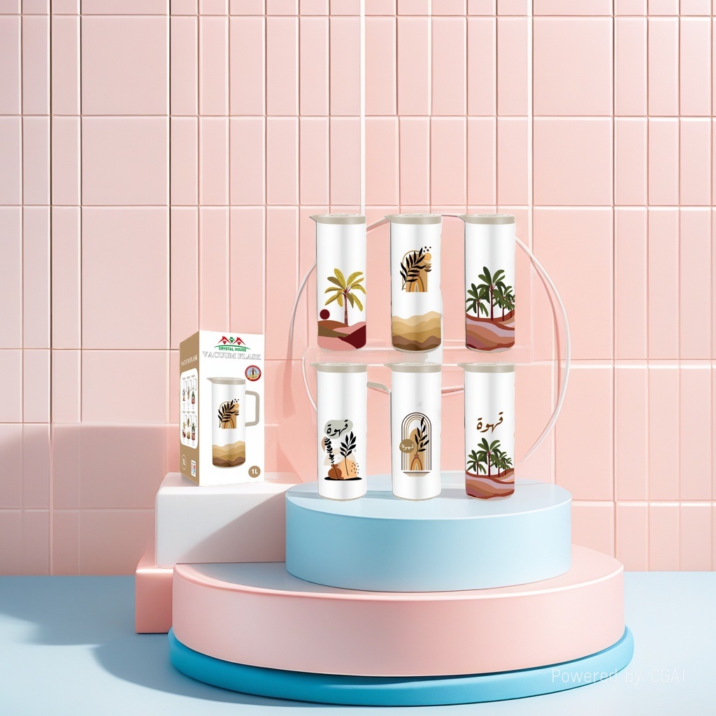 Wholesale of 1L ABS plastic shell and pink glass inner liner vacuum insulated kettle with coconut tree printing