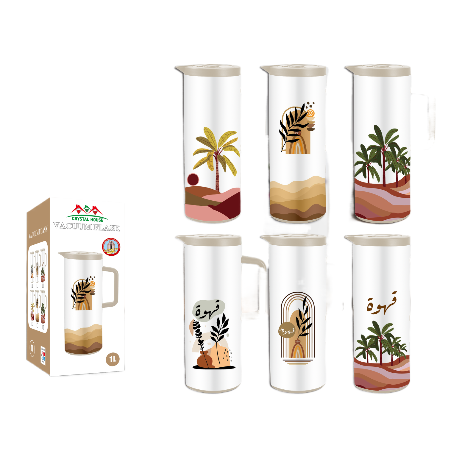 Wholesale of 1L ABS plastic shell and pink glass inner liner vacuum insulated kettle with coconut tree printing Item Picture