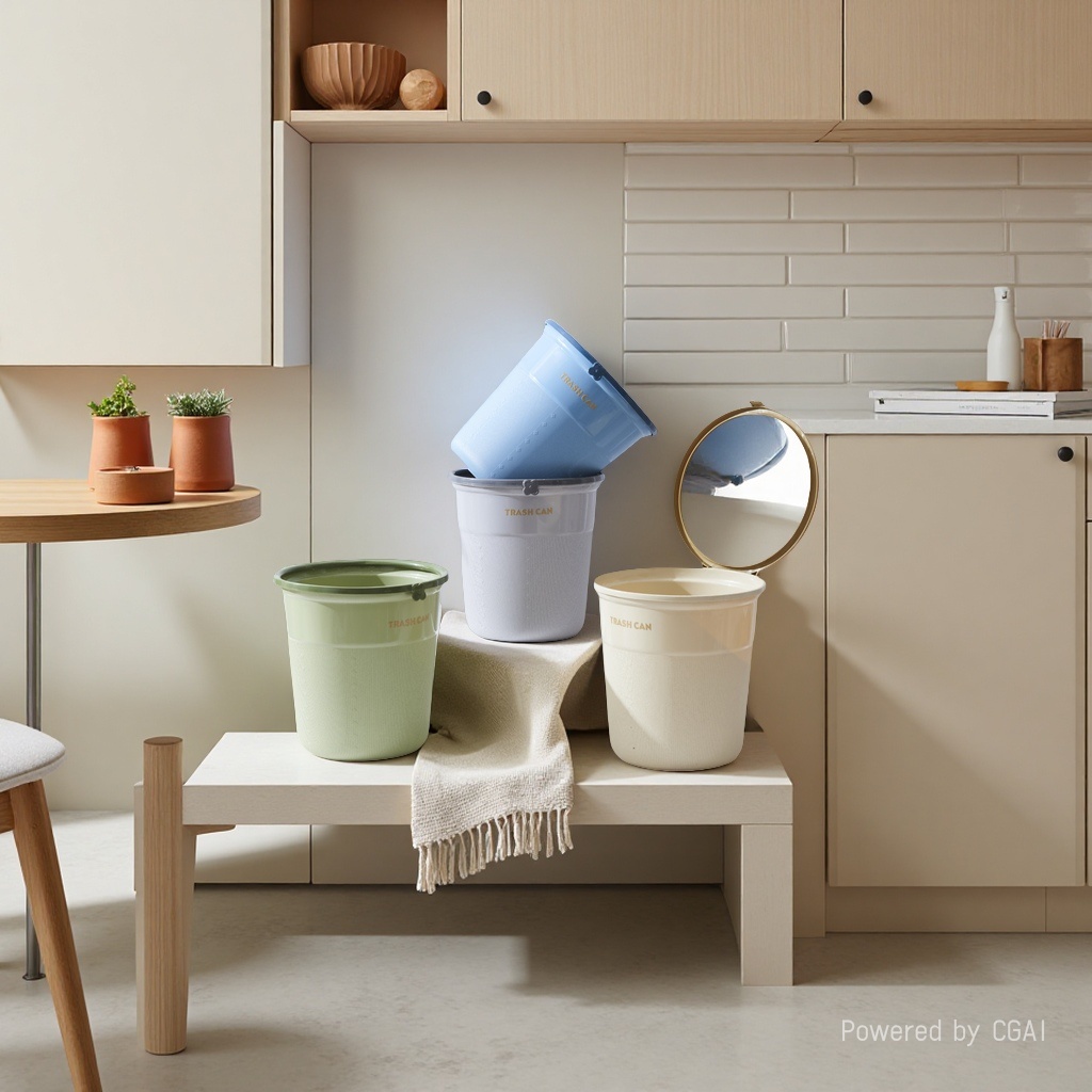 Light luxury style letter-printed trash cans, multi-color vertical pattern design with pressure rings, large-capacity lidless trash cans for living rooms, bedrooms and kitchens wholesale Application Scenario