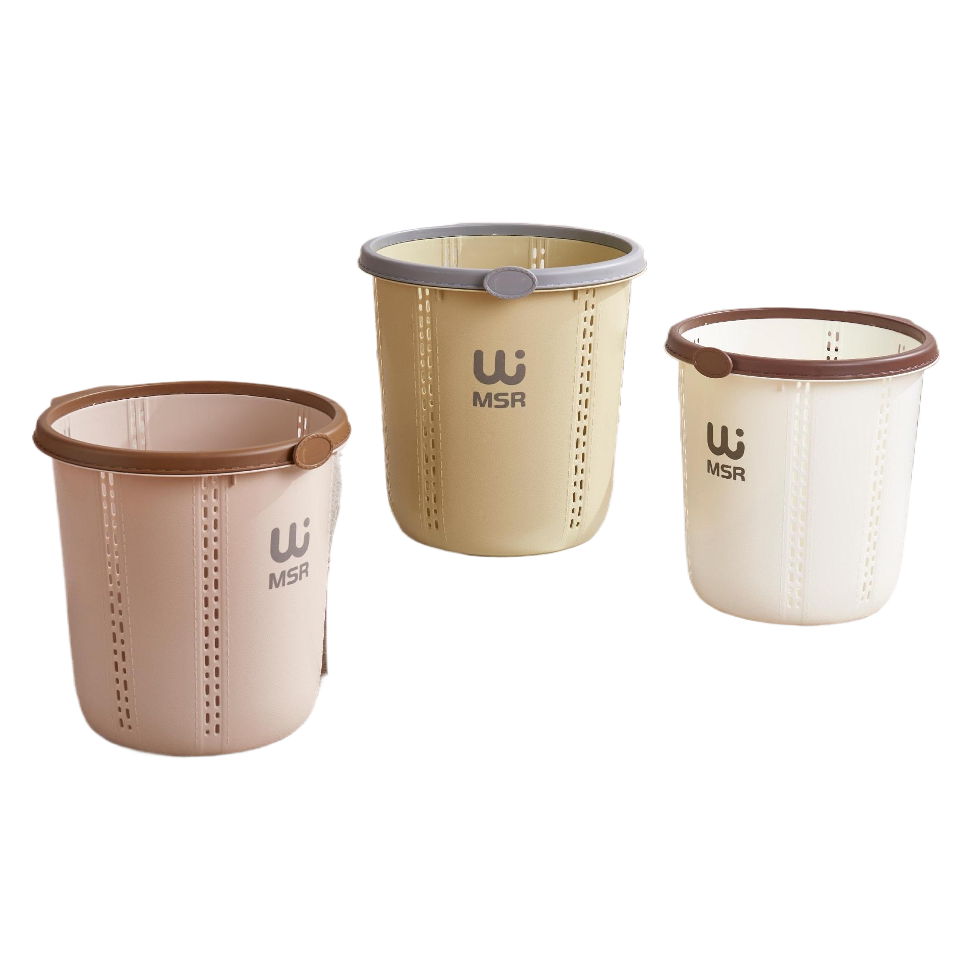 MSR household hollow trash can, multi-color simple design with pressure ring, large-capacity uncovered waste paper basket for living room, bedroom and bathroom wholesale Application Scenario