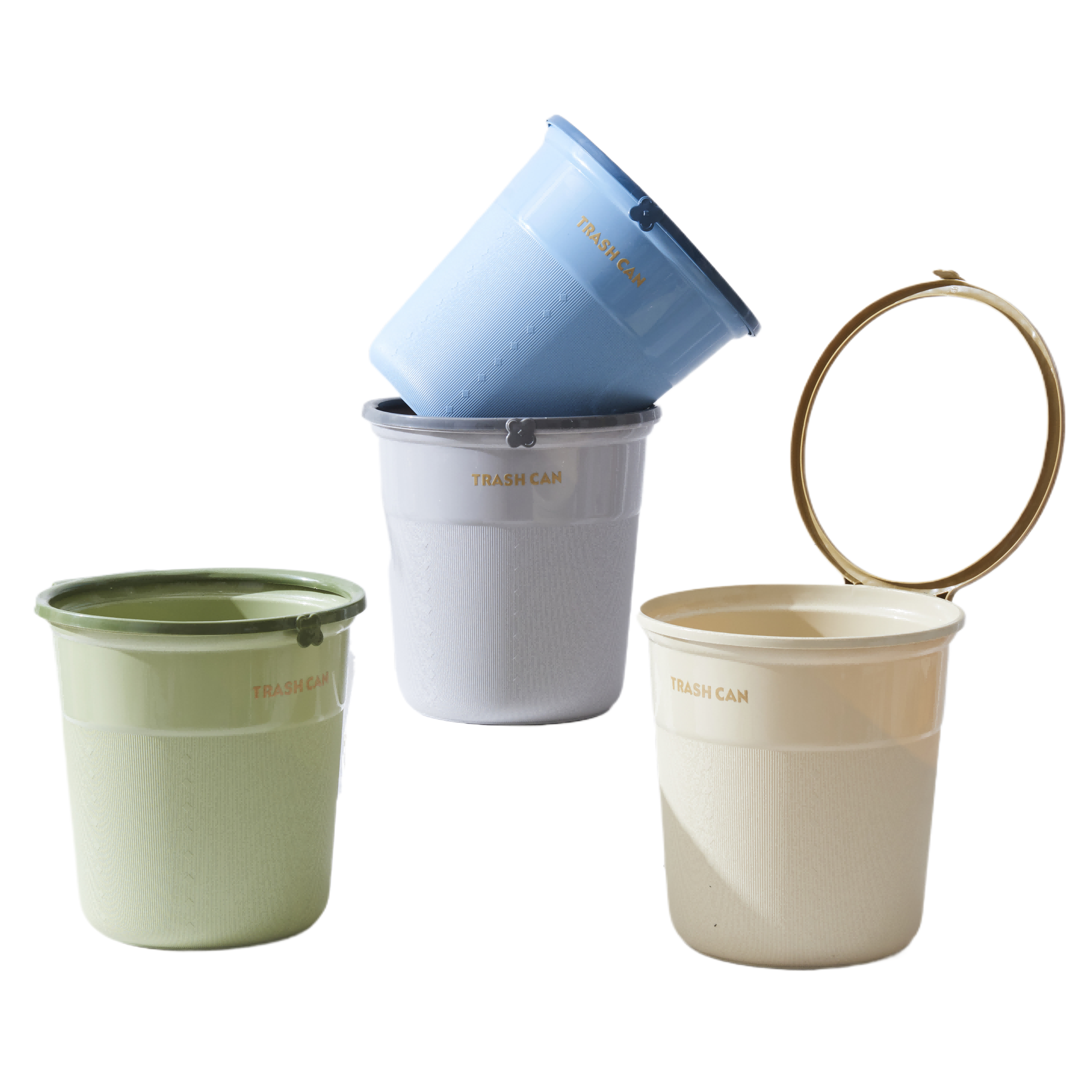 Light luxury style letter-printed trash cans, multi-color vertical pattern design with pressure rings, large-capacity lidless trash cans for living rooms, bedrooms and kitchens wholesale Item Picture