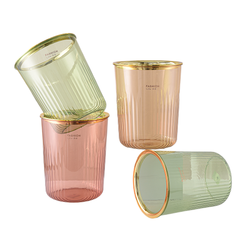 Light luxury golden-edge vertical pattern trash can, high appearance level for home living room and bedroom, large-capacity wastebasket, bathroom and kitchen, uncovered plastic trash can wholesale Item Picture
