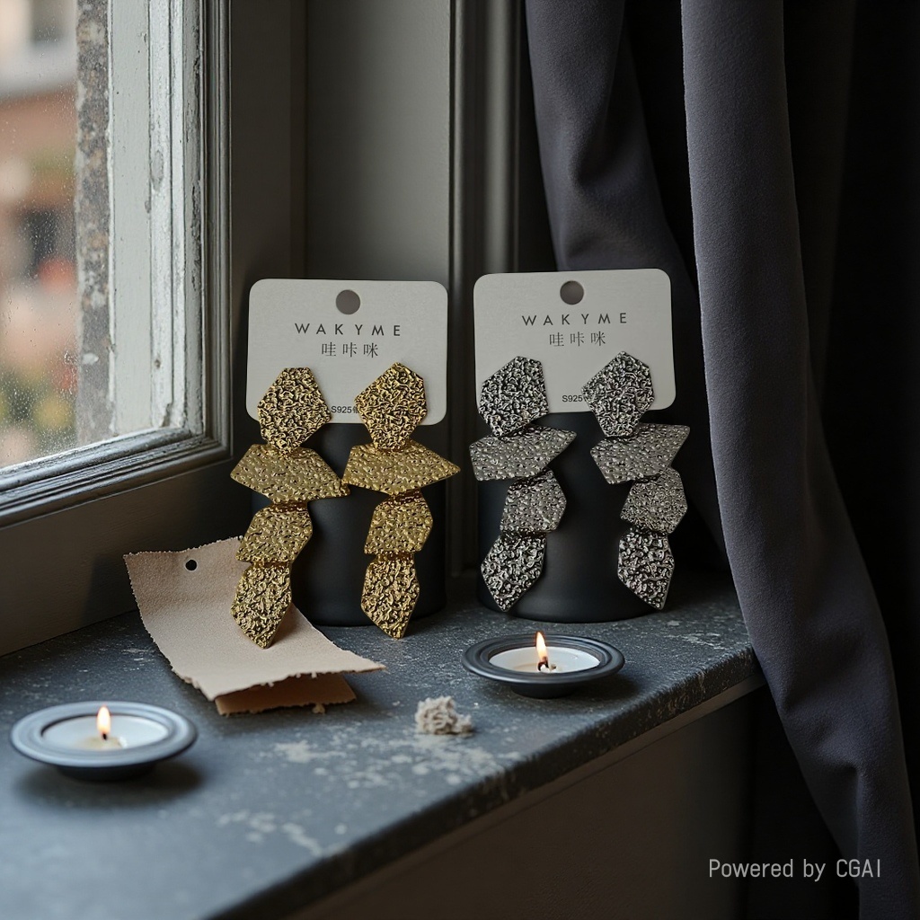 哇咔咪新款几何耳环，金色与银色碰撞，窗边烛光映衬，时尚与艺术完美融合。