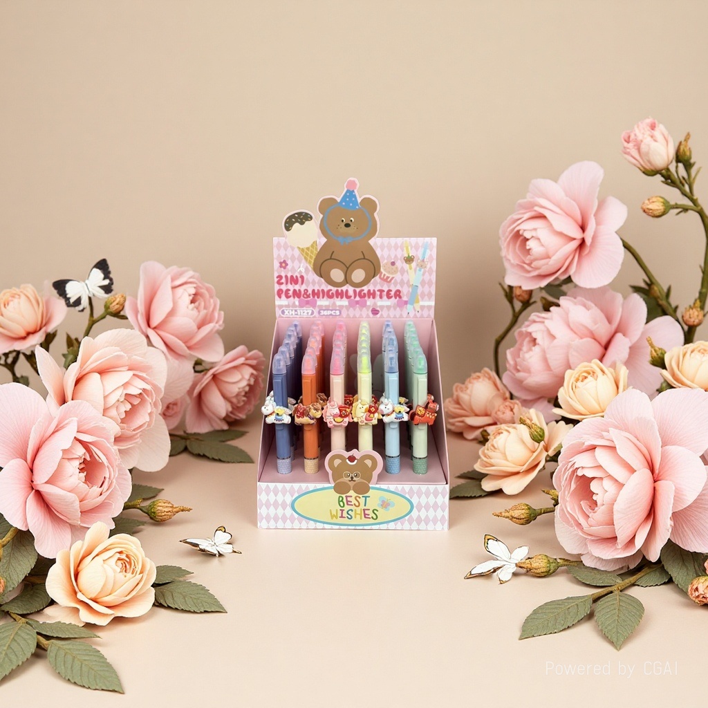 马年双头荧光笔中性笔2合1小学生学习用品卡通创意中学生用品多功能书写工具学生用品组合