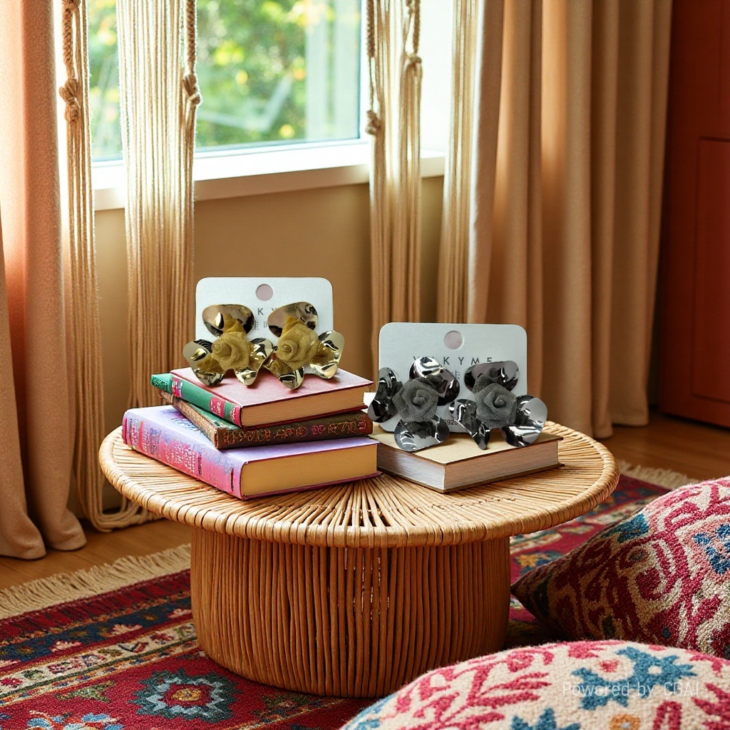 哇咔咪新品复古风花朵耳环搭配书籍，温馨家居布置，时尚与文艺的完美融合。