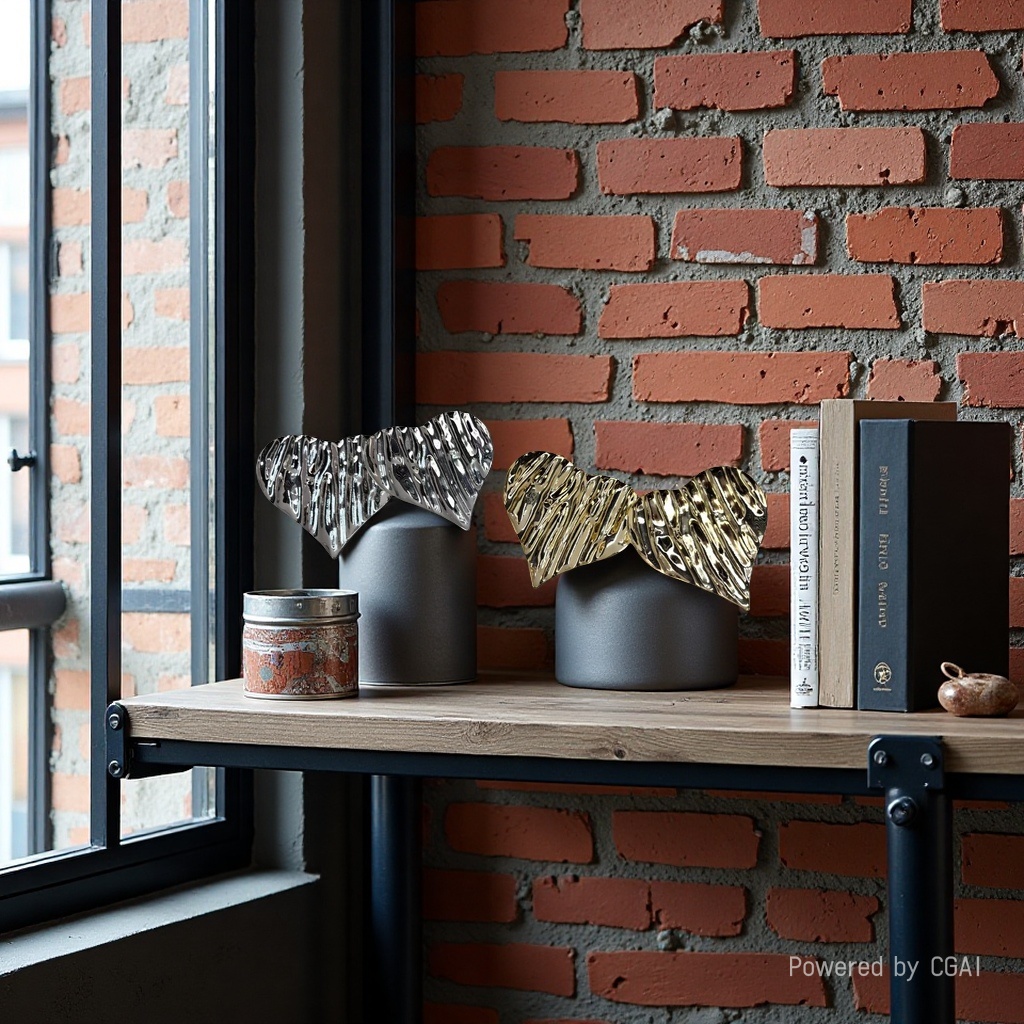 哇咔咪新品金属质感耳环在工业风砖墙旁，与书籍相映成趣，展现现代艺术与复古元素的完美融合。