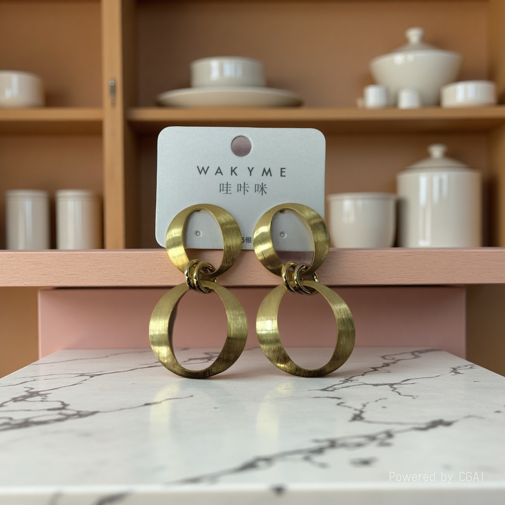 哇咔咪2026新款拉丝工艺双环耳饰，简约时尚，银色与金色两款，尽显个性魅力。白底实物图