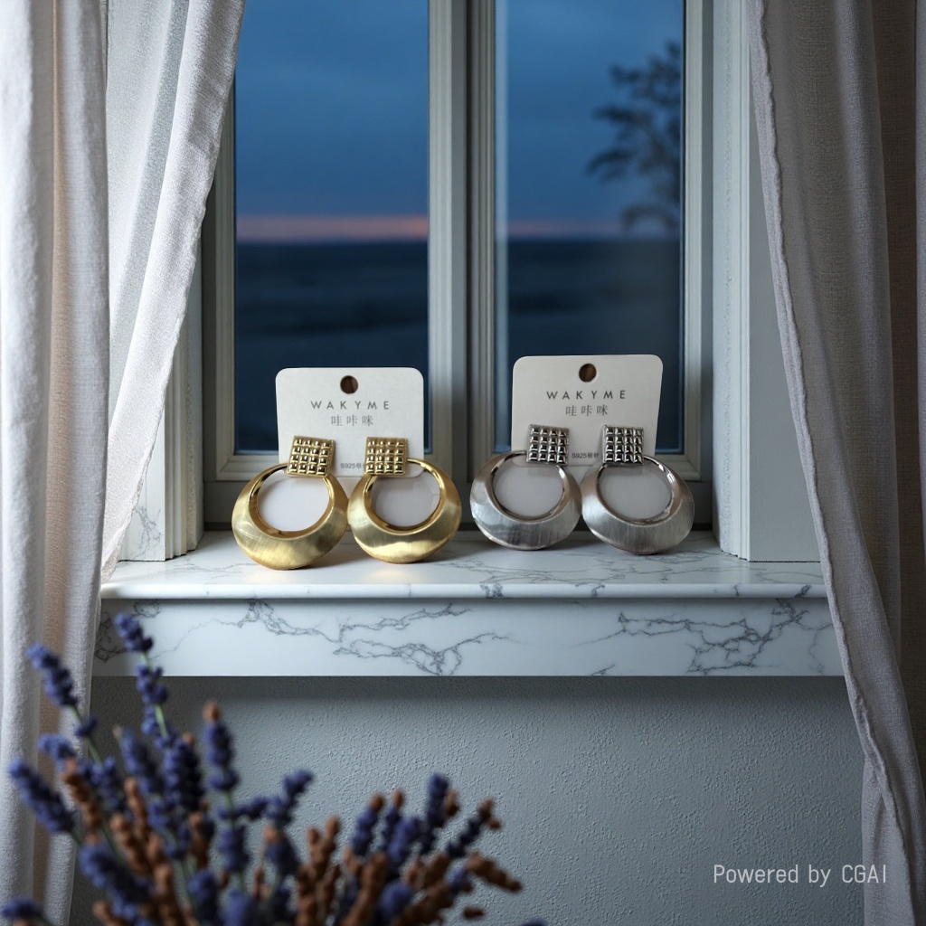 哇咔咪2026新品耳环亮相，金色与银色交织，窗边海景映衬，尽显优雅时尚