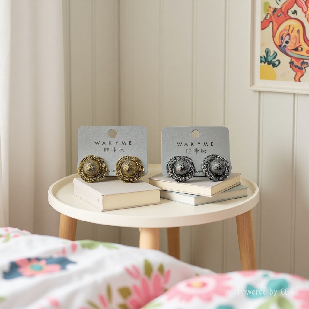 哇咔咪复古耳环亮相，金色与银色两款精致设计，搭配书本陈列，尽显文艺气息。