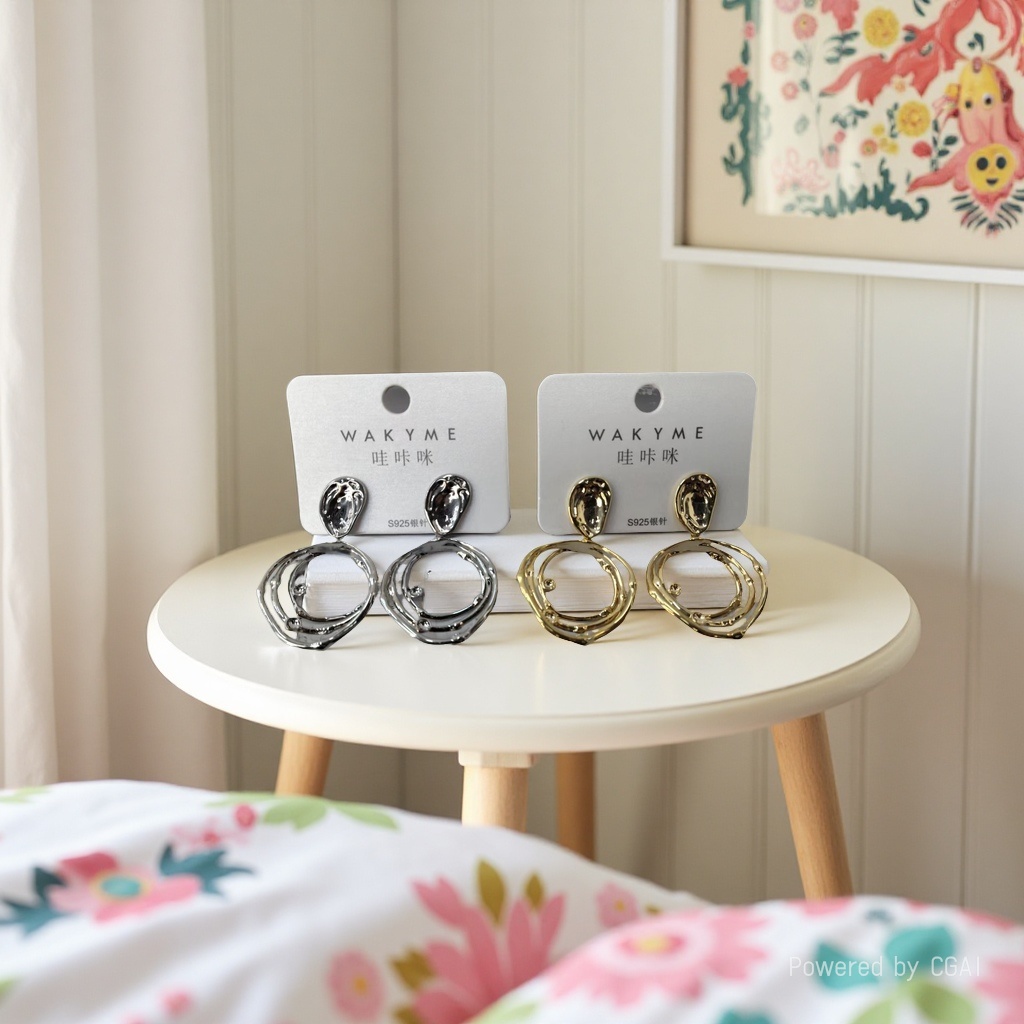 哇咔咪品牌耳环新品亮相，银色与金色交织，时尚简约设计，尽显个性魅力。