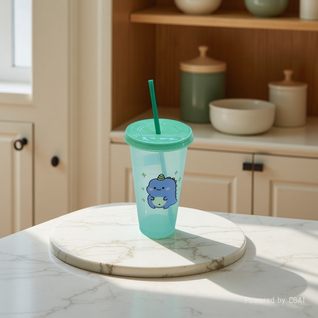 Cute dinosaur double-layer plastic straw cup with lid, 720ml large capacity, reusable, children's summer cold drink cup, water cup
