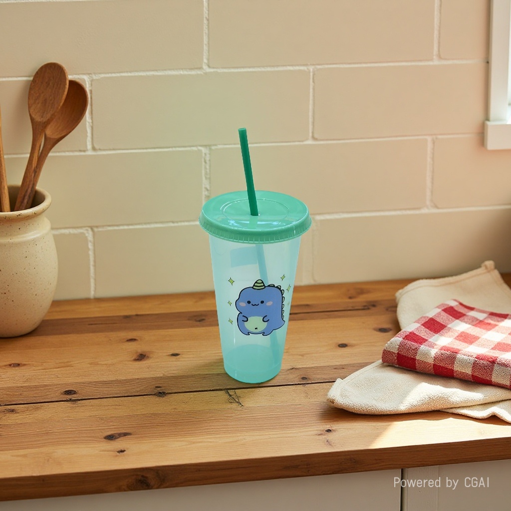 Cute dinosaur double-layer plastic straw cup with lid, 720ml large capacity, reusable, children's summer cold drink cup, water cup details Picture