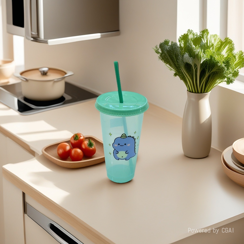 Cute dinosaur double-layer plastic straw cup with lid, 720ml large capacity, reusable, children's summer cold drink cup, water cup Item Picture