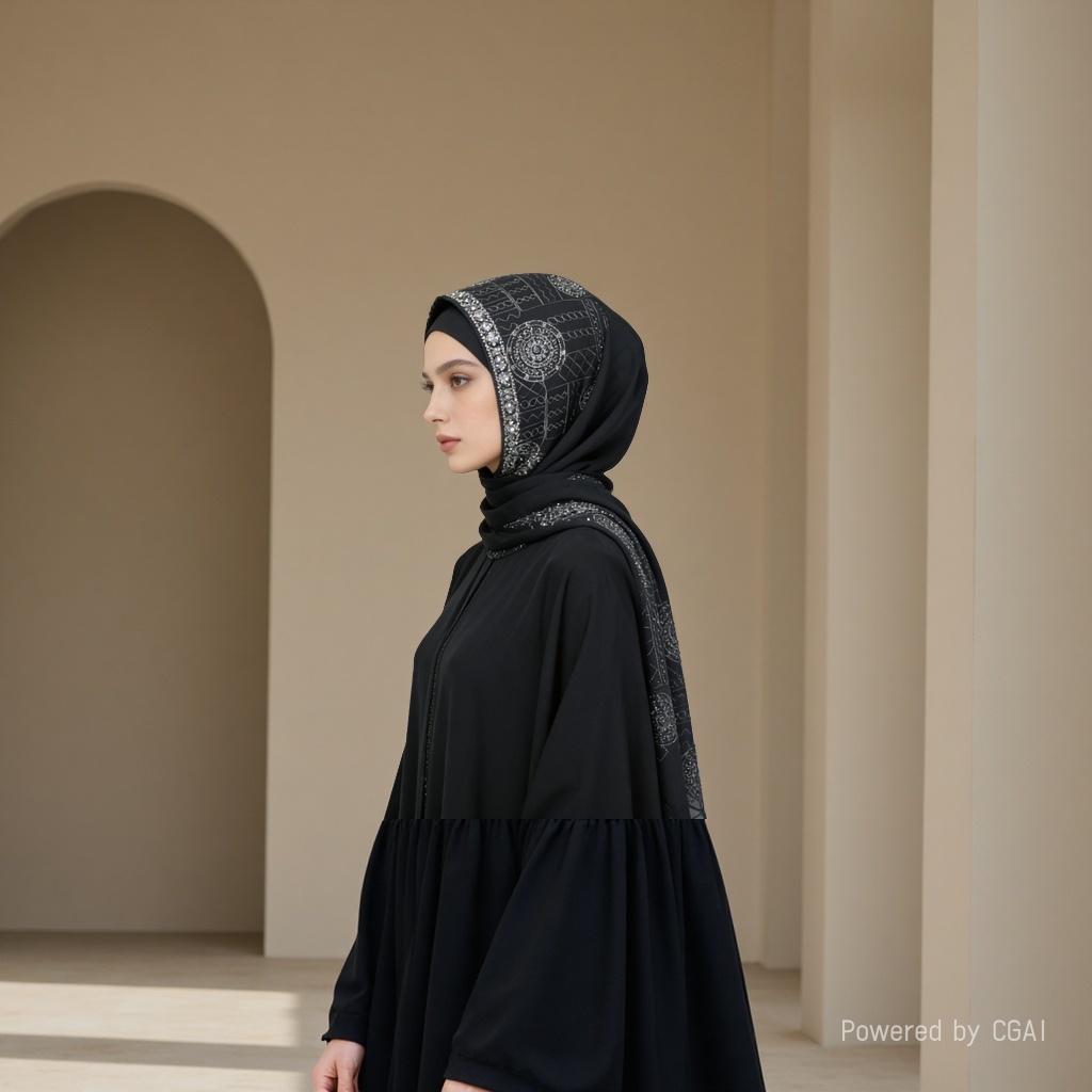 Black diamond-encrusted headscarf, fishing thread bead chain, Hello Kitty Muslim accessory Specification image