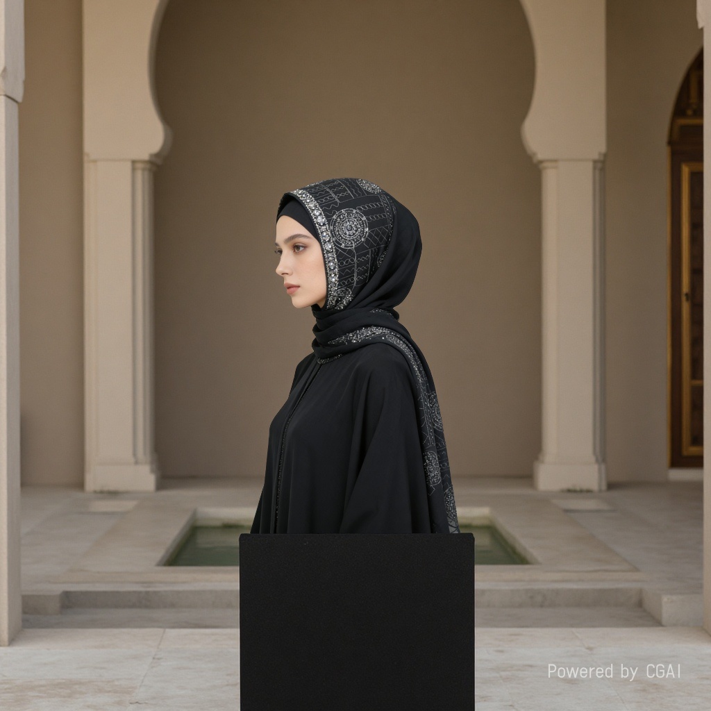 Black diamond-encrusted headscarf, fishing thread bead chain, Hello Kitty Muslim accessory details Picture