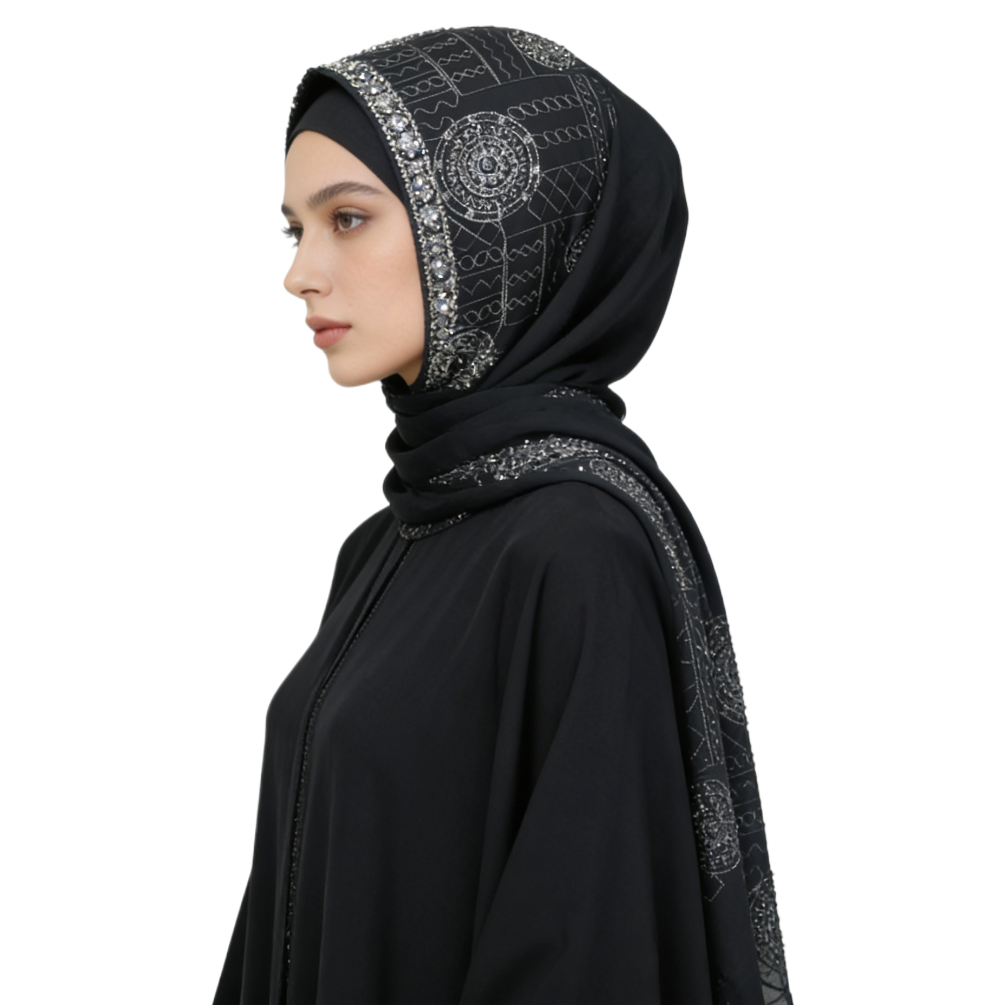 Black diamond-encrusted headscarf, fishing thread bead chain, Hello Kitty Muslim accessory