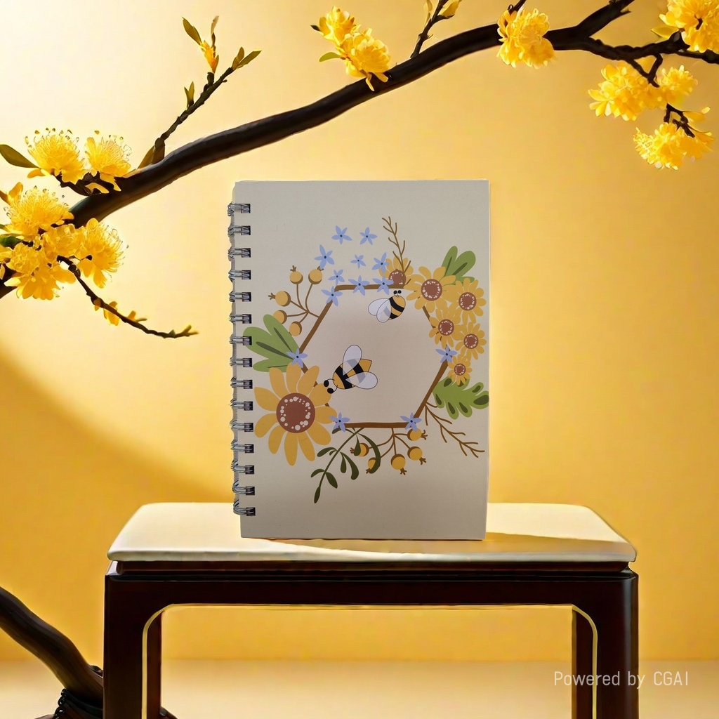 Donghu Paper Products A5 Pastoral Style Bee Flower Coil Notebook, Bee Wreath Theme Coil Notebook, Forest-themed Fresh Flower Notebook, Sunflower Honeycomb Wreath Notebook, Artistic and Fresh Handmade Notebook details Picture