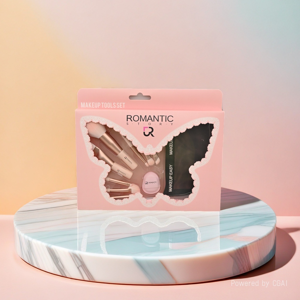 Romance Pink butterfly color box packaging mini portable 8-tube brush + cotton candy powder puff + eyebrow knife + storage bag details Picture