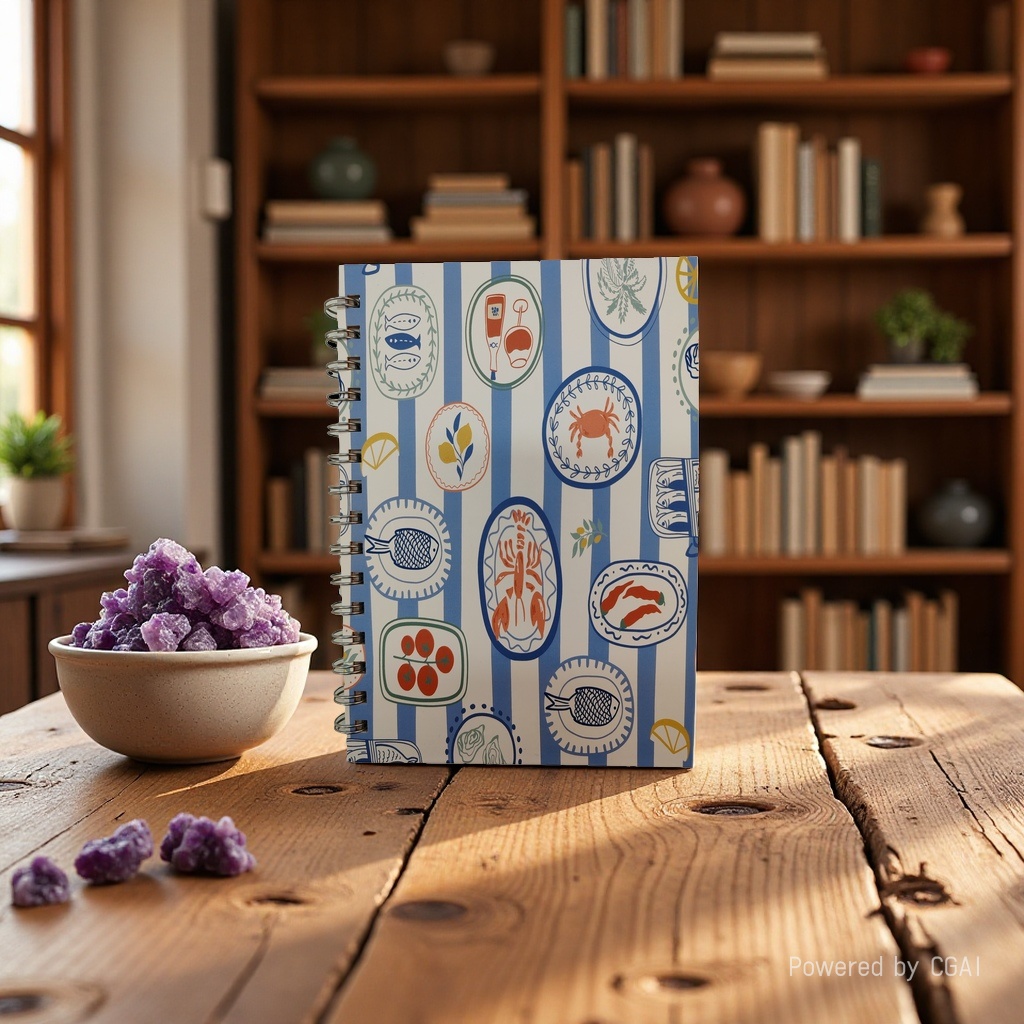 东湖纸品 A5 清新蓝白条纹海鲜插画线圈本  可爱鱼蟹龙虾插画记事本 创意美食手账本 学生便携笔记本