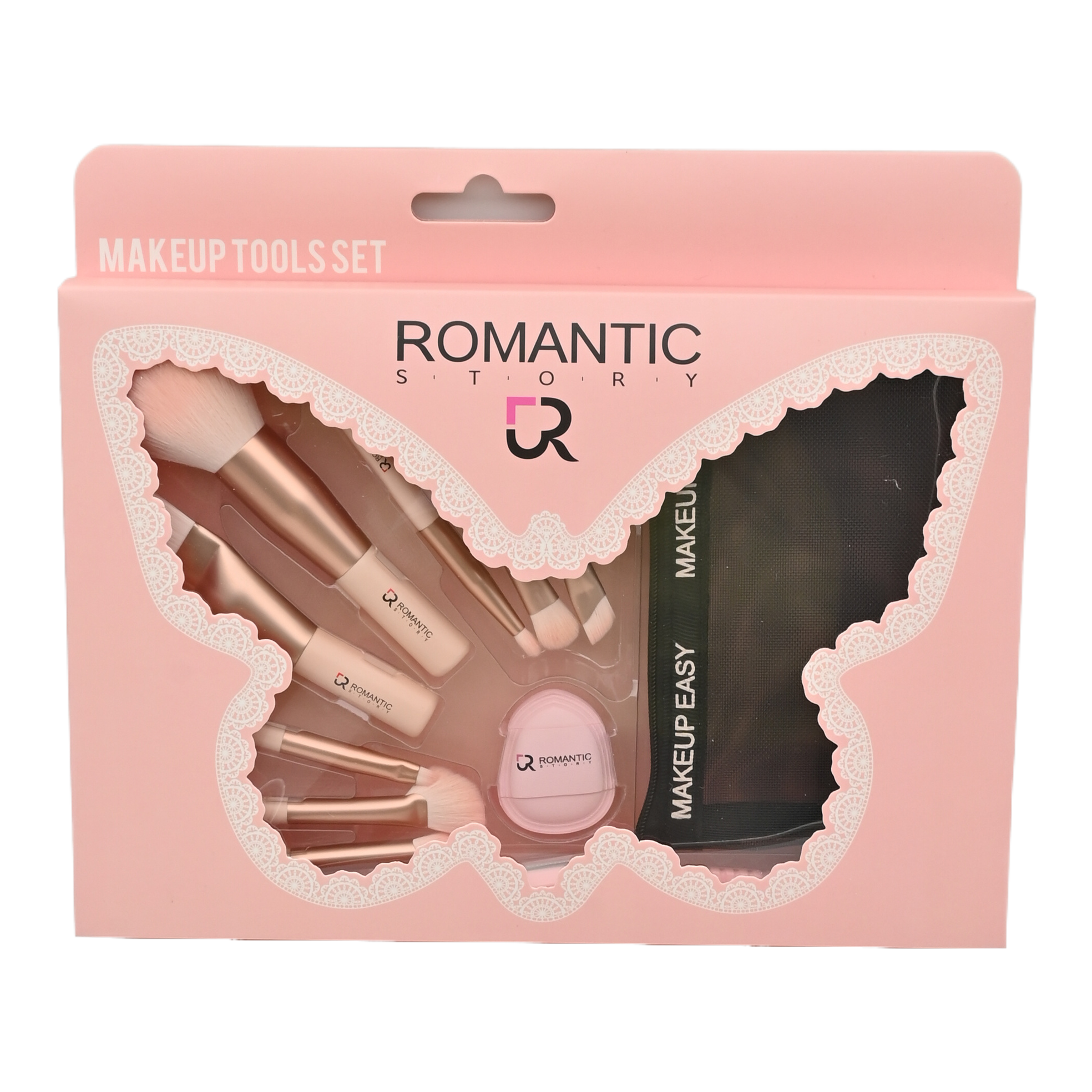 Romance Pink butterfly color box packaging mini portable 8-tube brush + cotton candy powder puff + eyebrow knife + storage bag Specification image