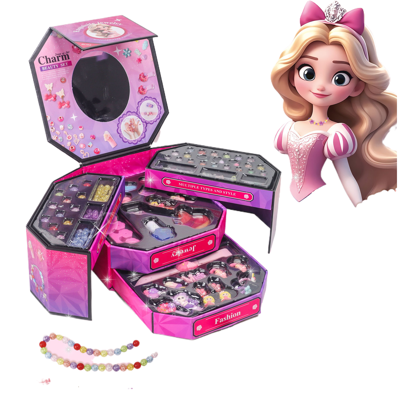 儿童化妆玩具套装36件套魅力装扮珠宝发饰指甲油美妆盒