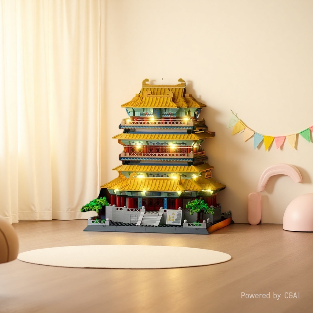 The Xinle Xin51104 Crane Tower building block model of the Four Famous Towers Series comes with a light strip, exquisite decorative items, and a landscape tree plaque Specification image