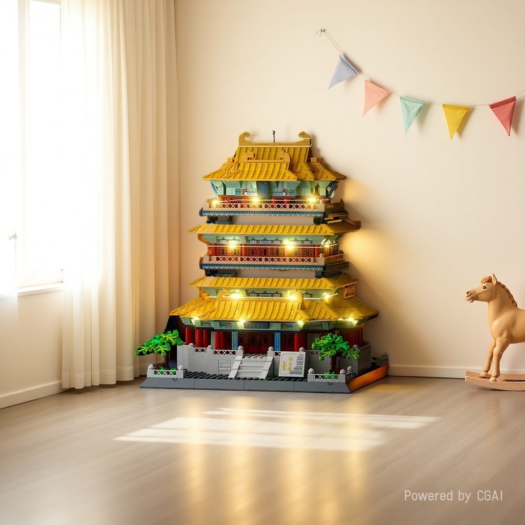 The Xinle Xin51104 Crane Tower building block model of the Four Famous Towers Series comes with a light strip, exquisite decorative items, and a landscape tree plaque Item Picture