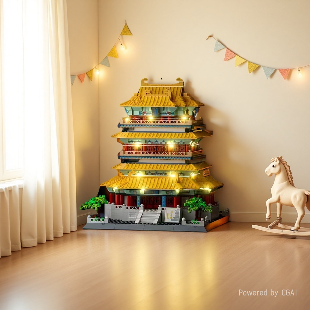 The Xinle Xin51104 Crane Tower building block model of the Four Famous Towers Series comes with a light strip, exquisite decorative items, and a landscape tree plaque details Picture
